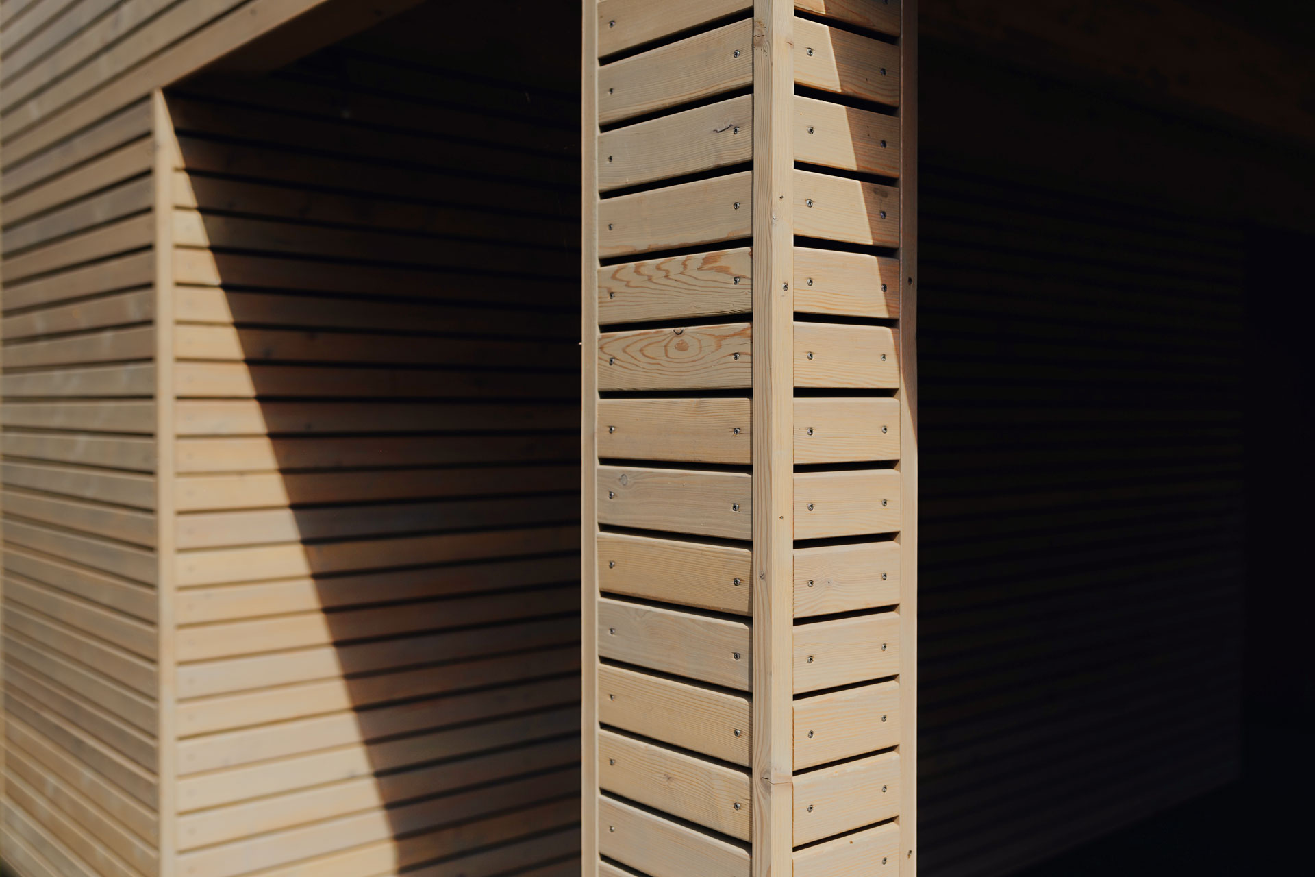Im Fokus sind Holzleisten des Carport mit zahlreichen Nägeln.